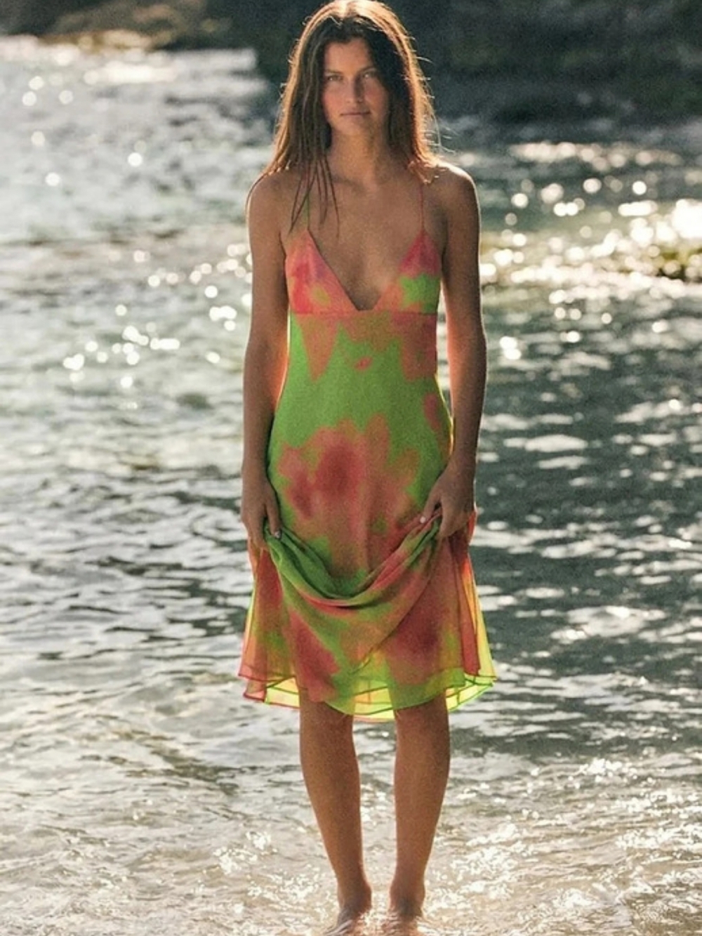 Zara Floral Midi Dress in Green & Orange Size Large NWT 3067/345 Bloggers Fave